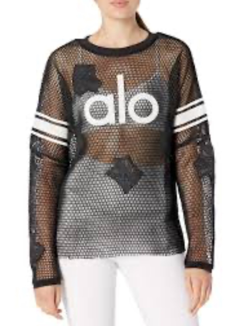 ALO Yoga Black Mesh Long Sleeve Jersey Pullover Sweater in Black - Size Medium